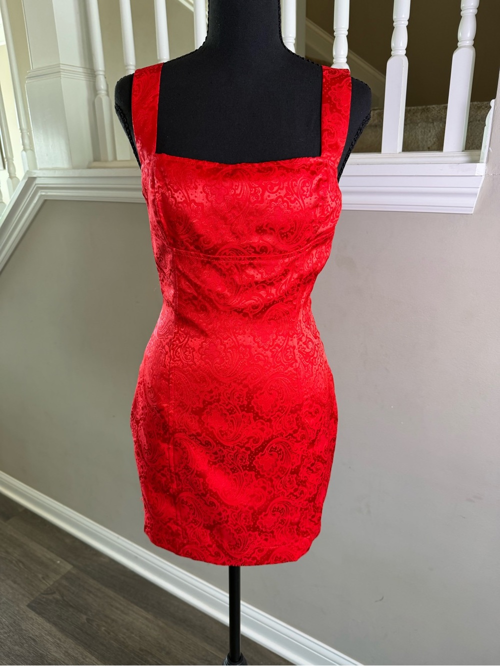 Lucy in the Sky Red Square-Neck Jacquard Bodycon Dress